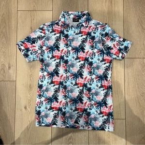 Sunday Swagger Blue Pink Hawaiian Tropical Palm Trees Golf Polo